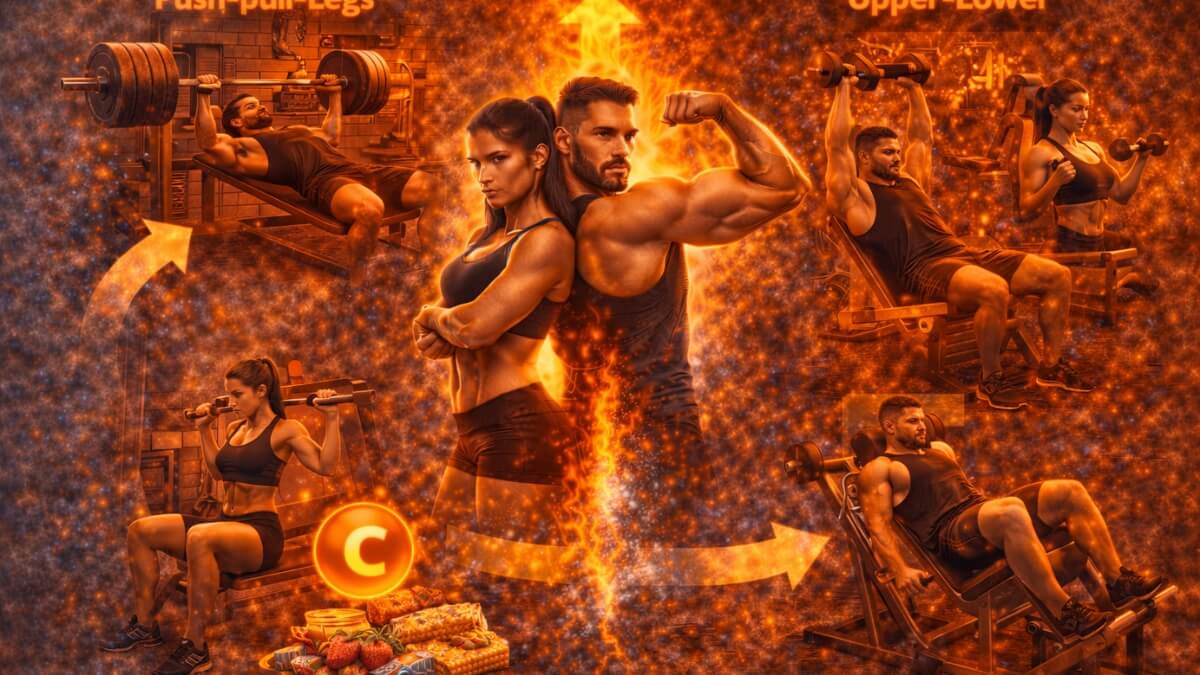 Kaip vienu metu auginti raumenis ir mažinti riebalus Kaip vienu metu auginti raumenis ir mažinti riebalus. Sportuojantis vyras ir moteris su jėgos treniruotėmis sporto salėje ir skirtingomis treniruočių programomis.