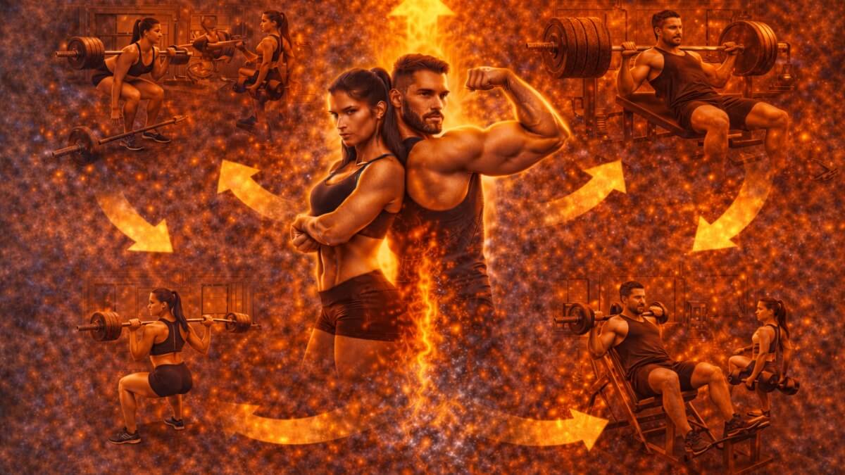 Kaip vienu metu auginti raumenis ir mažinti riebalus Kaip vienu metu auginti raumenis ir mažinti riebalus. Sportuojantis vyras ir moteris atliekantys skirtingus jėgos pratimus sporto salėje su štanga ir treniruokliais.