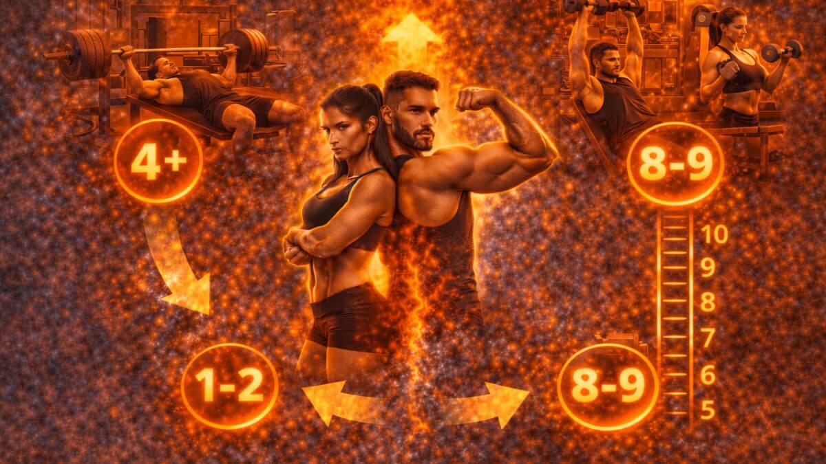 Kaip vienu metu auginti raumenis ir mažinti riebalus Kaip vienu metu auginti raumenis ir mažinti riebalus. Sportuojantis vyras ir moteris su jėgos pratimais, treniruočių dažniu ir pakartojimų skaičiumi raumenų augimui.