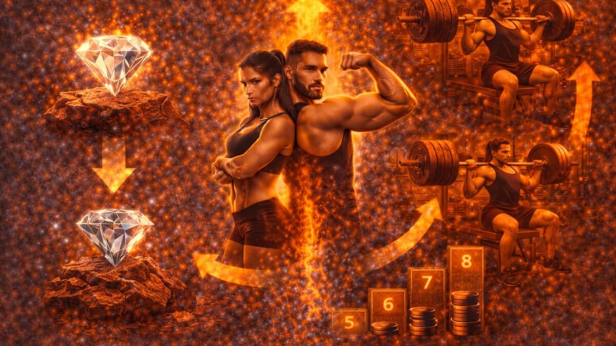 Kaip vienu metu auginti raumenis ir mažinti riebalus Kaip vienu metu auginti raumenis ir mažinti riebalus. Sportuojantis vyras ir moteris su progresuojančiais svoriais ir progresyvaus krūvio simboliais treniruotėse.