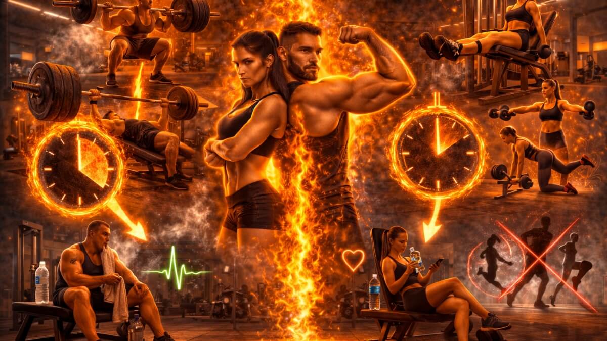 Kaip vienu metu auginti raumenis ir mažinti riebalus Kaip vienu metu auginti raumenis ir mažinti riebalus. Sportuojantis vyras ir moteris su jėgos treniruotėmis, poilsiu tarp serijų ir treniruočių trukmės simboliais.