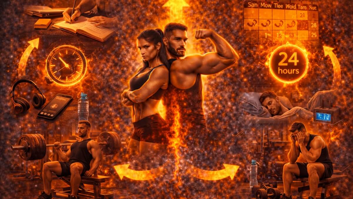 Kaip vienu metu auginti raumenis ir mažinti riebalus Kaip vienu metu auginti raumenis ir mažinti riebalus. Sportuojantis vyras ir moteris su treniruotėmis, dienos rutina, miego ir poilsio simboliais.