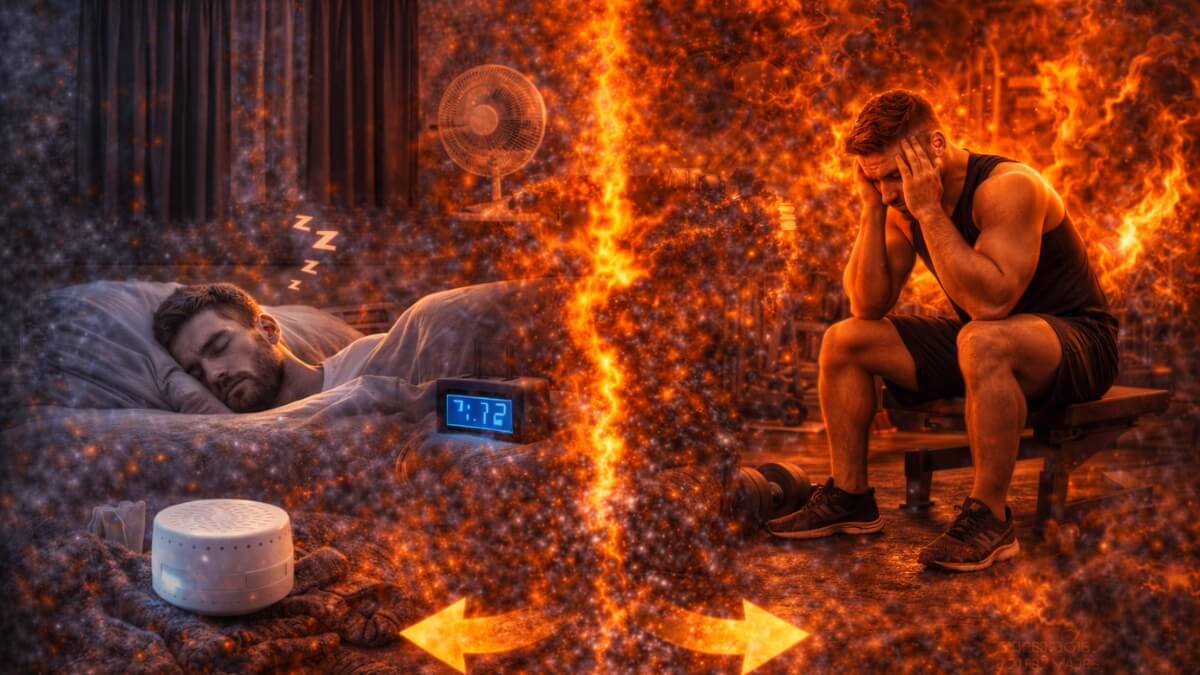 Kaip vienu metu auginti raumenis ir mažinti riebalus Kaip vienu metu auginti raumenis ir mažinti riebalus. Vyras miega lovoje ir pavargęs sportininkas sporto salėje, iliustruojantis miego ir poilsio svarbą.