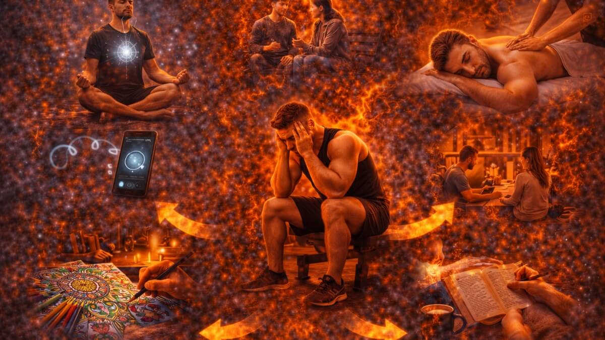 Kaip vienu metu auginti raumenis ir mažinti riebalus Kaip vienu metu auginti raumenis ir mažinti riebalus. Pavargęs sportininkas su meditacija, masažu, bendravimu ir atsipalaidavimo veiklomis stresui mažinti.