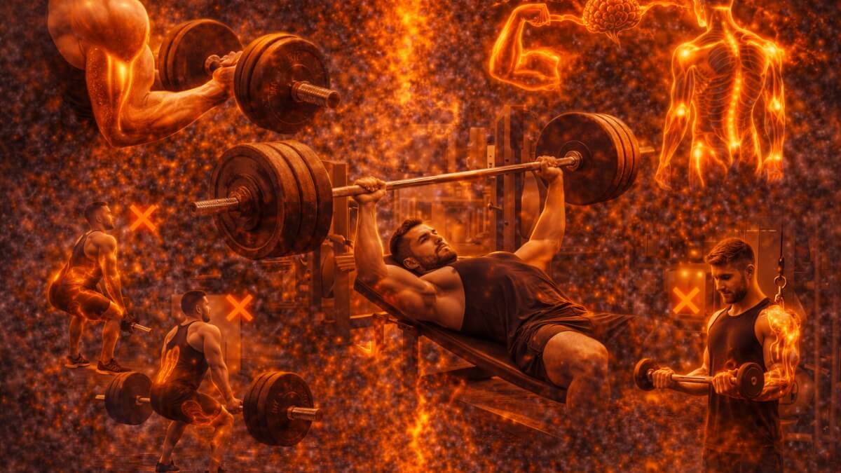 Kaip vienu metu auginti raumenis ir mažinti riebalus Kaip vienu metu auginti raumenis ir mažinti riebalus. Sportininkas atliekantis štangos spaudimą ir kitus jėgos pratimus, iliustruojantis raumenų darbą ir treniruočių techniką.