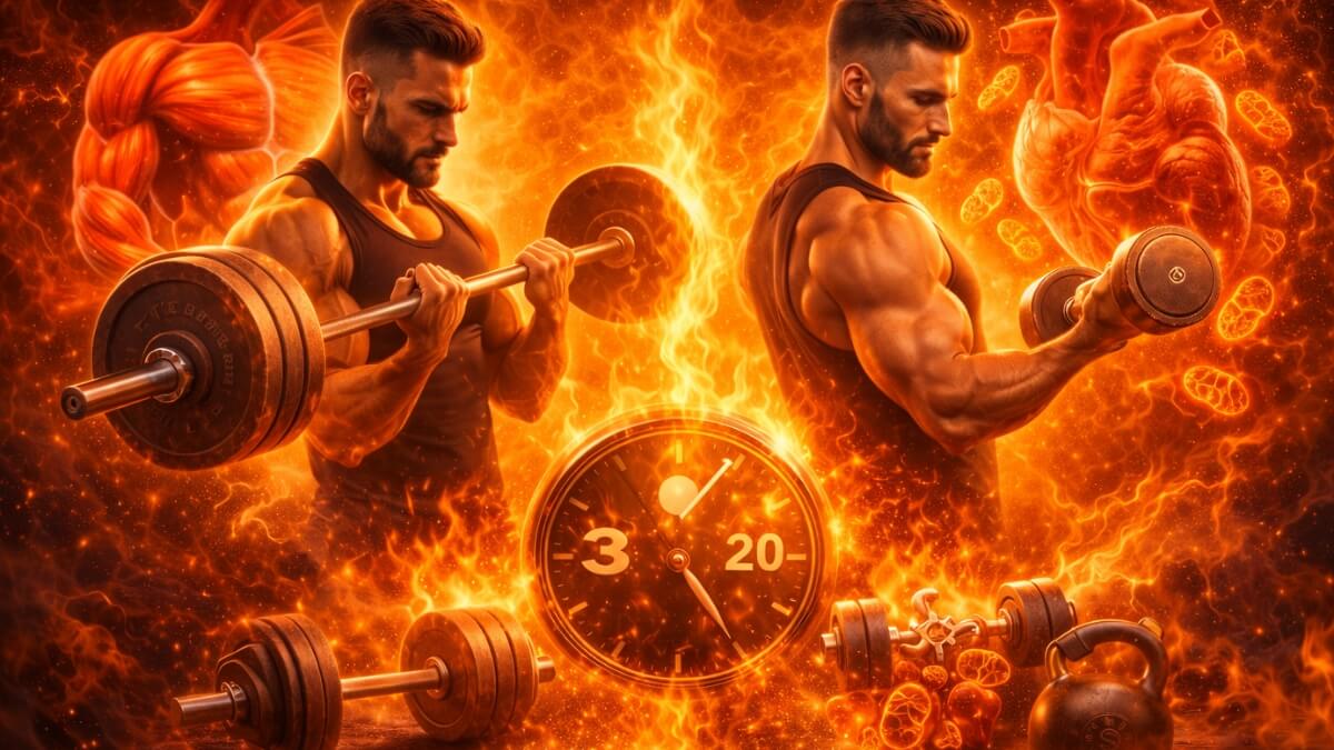 Koks kartojimo tempas geriausias raumenų augimui? Koks kartojimo tempas geriausias raumenų augimui?. Vyras atlieka bicepso pratimus su skirtingais svoriais, centre laikrodis su „3“ ir „20“, simbolizuojantis kartojimo tempą ir pakartojimų skaičių.