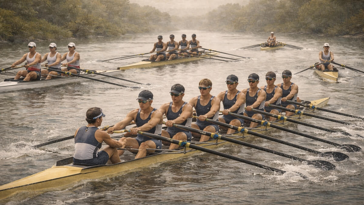 Kas yra irklavimas - istorija, technika ir nauda kūnui Irklavimo Istorija Ir Technika (Rowing History And Technique). Irkluotojų komanda treniruojasi upėje, sinchroniškai irkluodama aštuonvietę valtį kartu su vairininku.