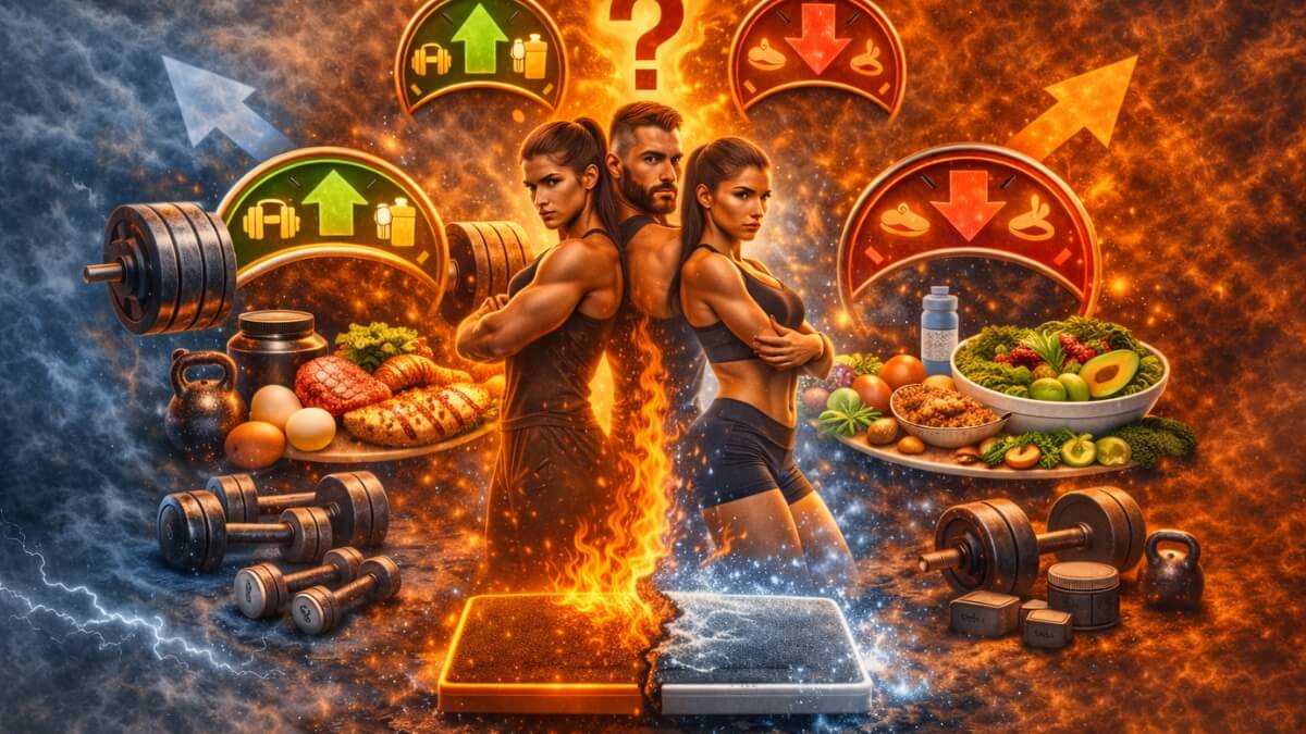 Kaip vienu metu auginti raumenis ir mažinti riebalus Kaip vienu metu auginti raumenis ir mažinti riebalus. Sportuojantys vyras ir moteris su svoriais, baltymingu maistu ir kalorijų pertekliaus bei deficito simboliais, iliustruojantys pasirinkimą tarp raumenų auginimo ir riebalų mažinimo.