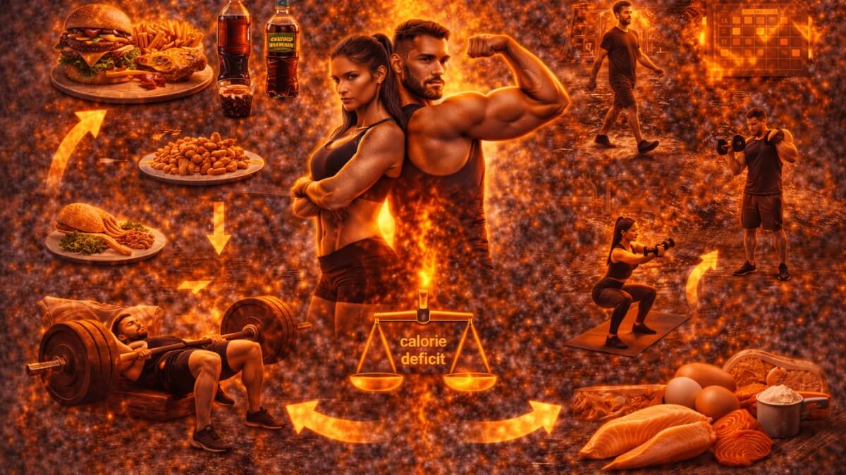 Kaip vienu metu auginti raumenis ir mažinti riebalus Kaip vienu metu auginti raumenis ir mažinti riebalus. Sportuojantis vyras ir moteris su treniruotėmis, sveiku maistu ir kalorijų deficito balansu.