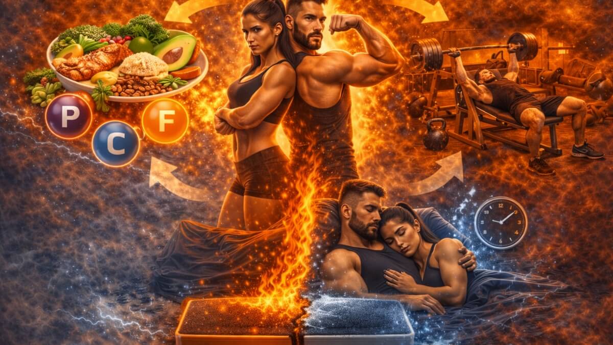 Kaip vienu metu auginti raumenis ir mažinti riebalus Kaip vienu metu auginti raumenis ir mažinti riebalus. Sportuojantis vyras ir moteris su baltymingu maistu, makroelementais, treniruotėmis ir poilsiu, iliustruojantys raumenų augimą ir riebalų mažinimą.