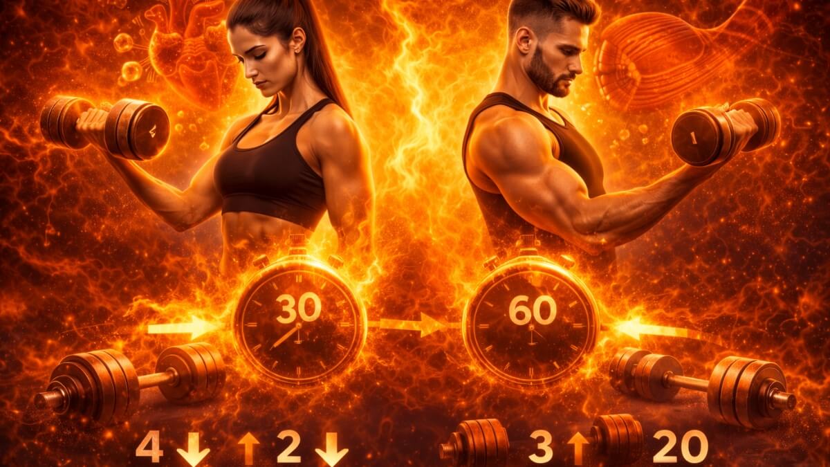 Koks kartojimo tempas geriausias raumenų augimui? Koks kartojimo tempas geriausias raumenų augimui?. Moteris ir vyras atlieka pratimus su hanteliais, šalia laikrodžiai „30“ ir „60“, vaizduojantys skirtingą įtampos laiką ir kartojimo tempą.