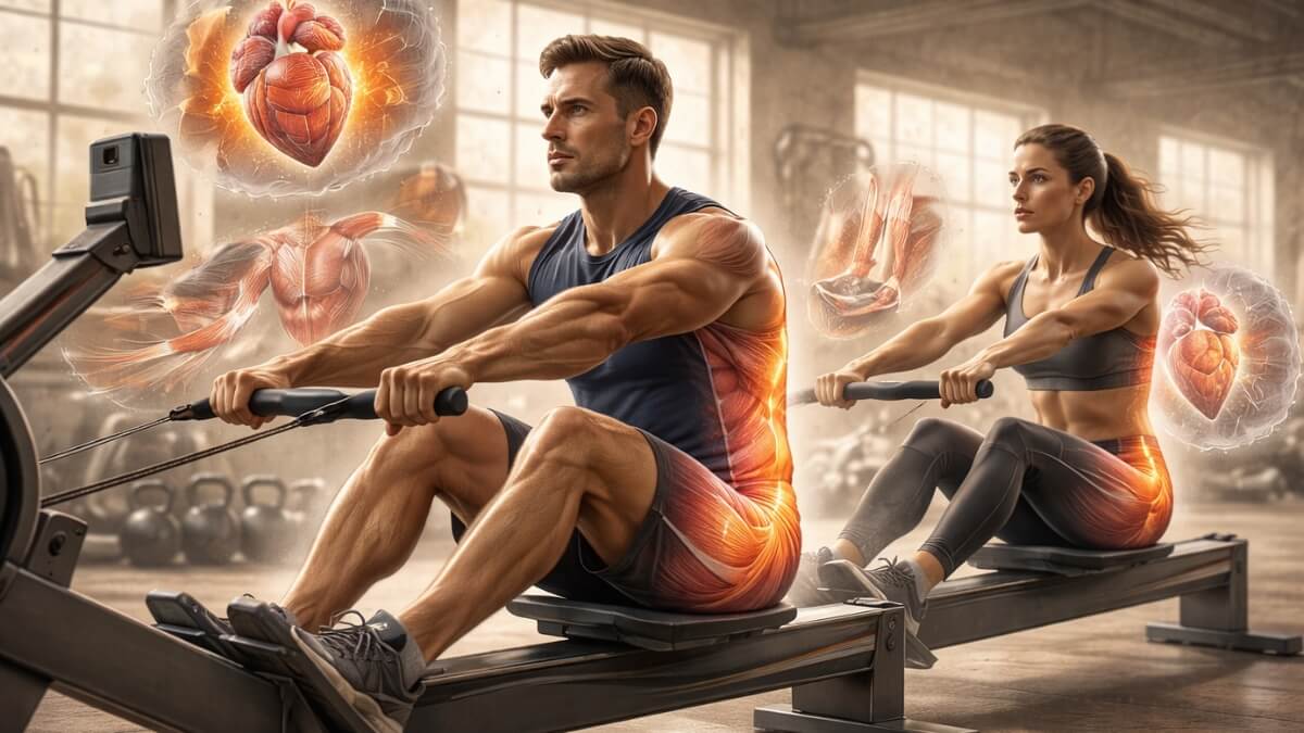 Kas yra irklavimas - istorija, technika ir nauda kūnui Kas yra irklavimas - istorija, technika ir nauda kūnui. Vyras ir moteris treniruojasi irklavimo treniruokliu, pabrėžiant viso kūno raumenų darbą ir širdies veiklos stiprinimą.