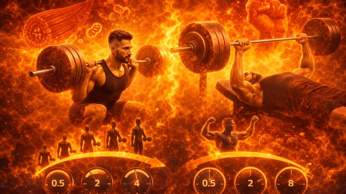 Koks kartojimo tempas geriausias raumenų augimui? Koks kartojimo tempas geriausias raumenų augimui?. Vyras atlieka pritūpimą ir spaudimą su štanga, apačioje pavaizduoti skirtingi kartojimo tempai nuo 0,5 iki 8 sekundžių.