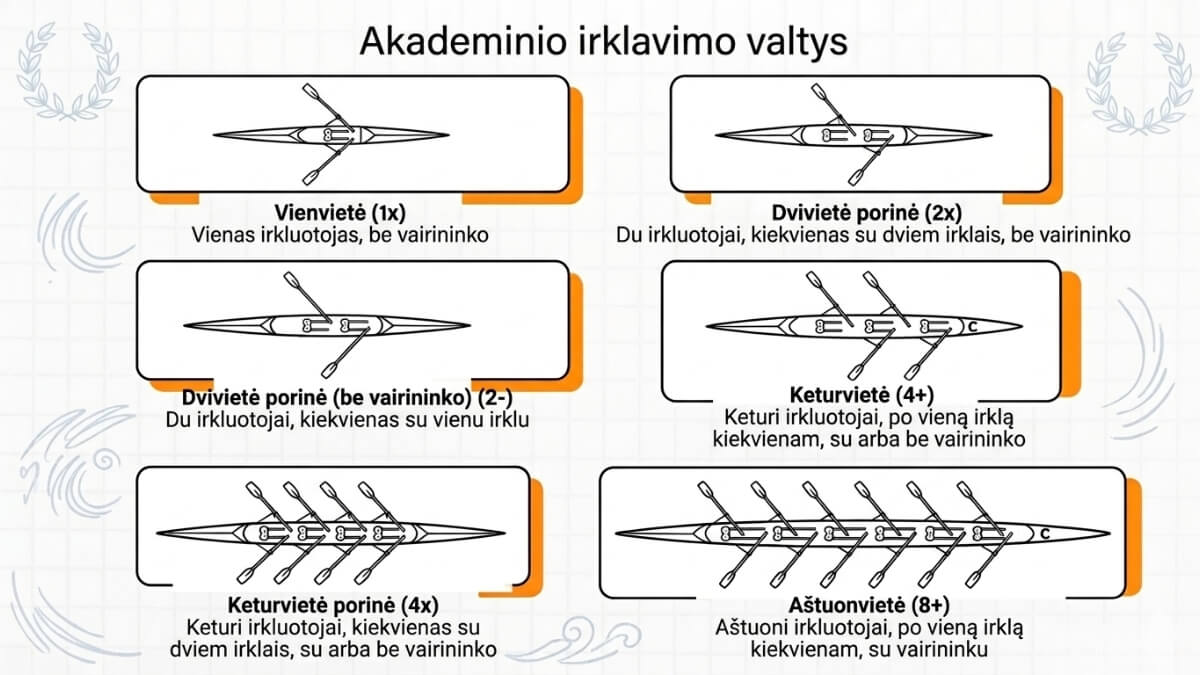 Kas yra irklavimas - istorija, technika ir nauda kūnui Kas yra irklavimas - istorija, technika ir nauda kūnui. Akademinio irklavimo valčių tipai: vienvietė, dvivietė, keturvietė ir aštuonvietė su skirtingu irkluotojų skaičiumi ir irklų išdėstymu.