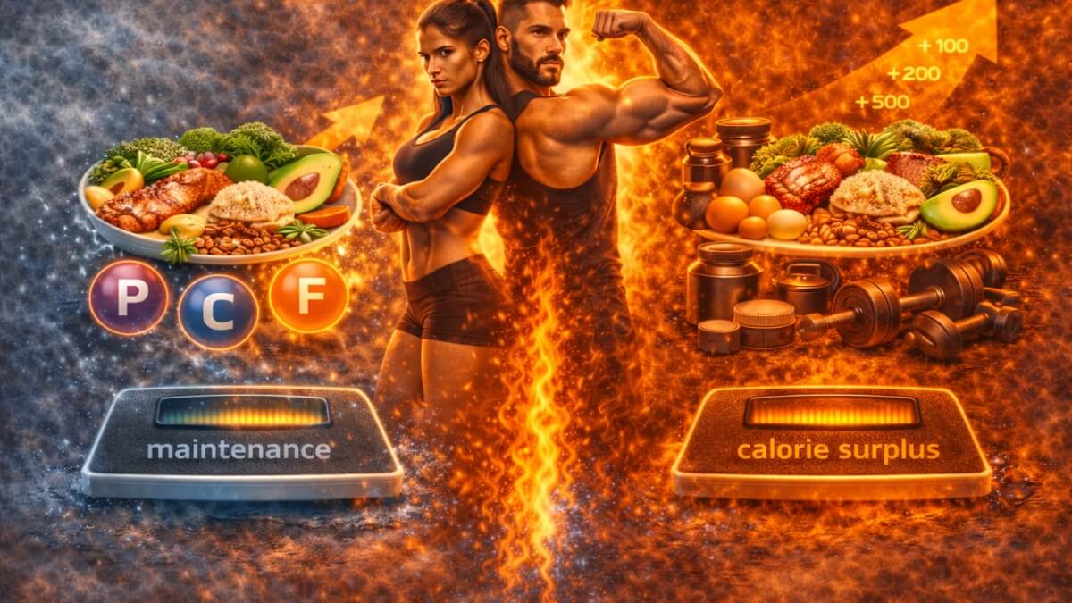 Kaip vienu metu auginti raumenis ir mažinti riebalus Kaip vienu metu auginti raumenis ir mažinti riebalus. Sportuojantis vyras ir moteris su baltymingu maistu, makroelementais ir kalorijų balansu tarp palaikymo ir kalorijų pertekliaus.