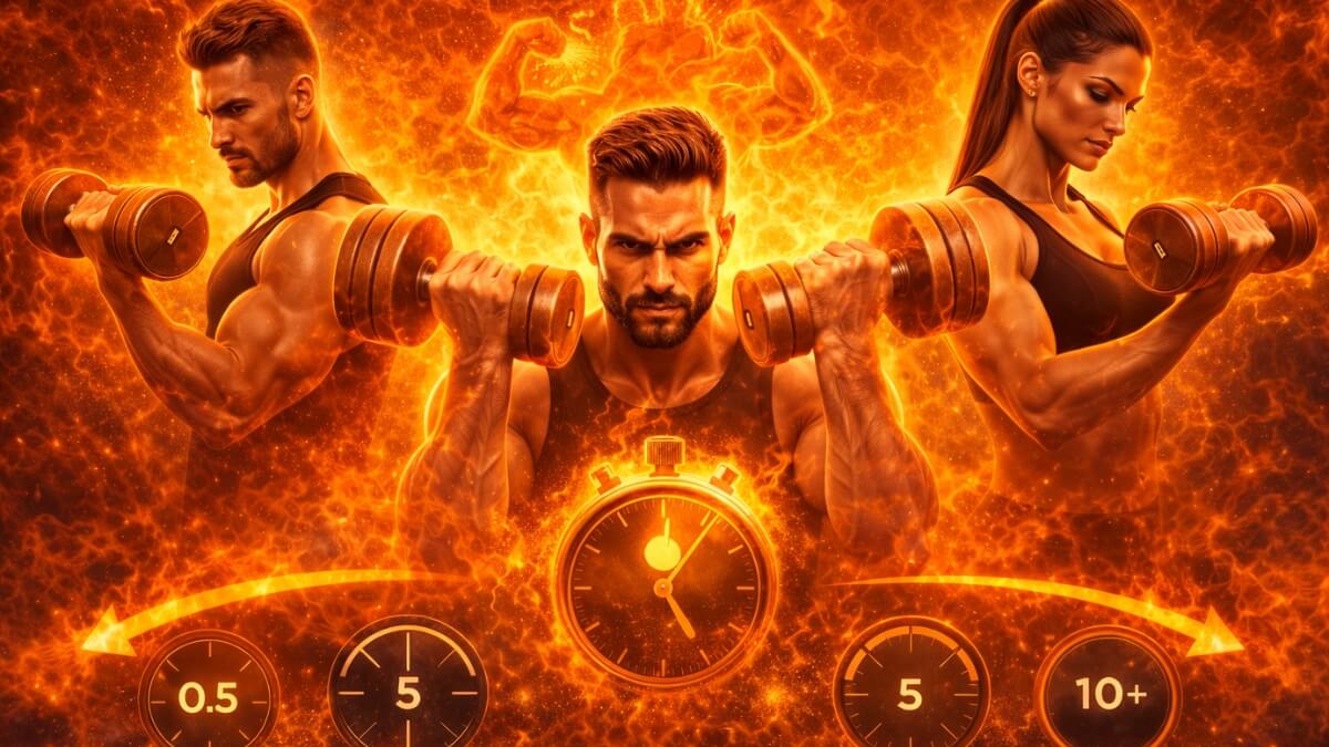 Koks kartojimo tempas geriausias raumenų augimui? Koks kartojimo tempas geriausias raumenų augimui?. Sportuojantys žmonės su hanteliais ir laikrodžiais, vaizduojančiais kartojimo trukmę nuo 0,5 iki daugiau nei 10 sekundžių.