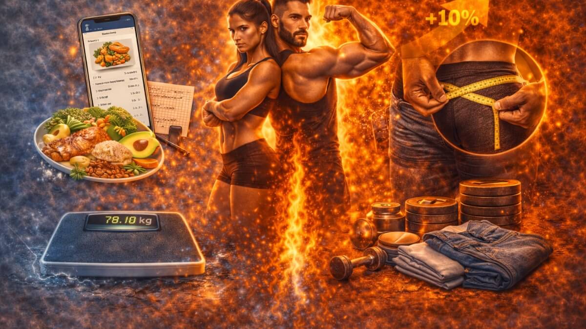 Kaip vienu metu auginti raumenis ir mažinti riebalus Kaip vienu metu auginti raumenis ir mažinti riebalus. Sportuojantis vyras ir moteris su mitybos sekimo programėle, svarstyklėmis ir liemens matavimu, rodantys kūno sudėties pokyčius.