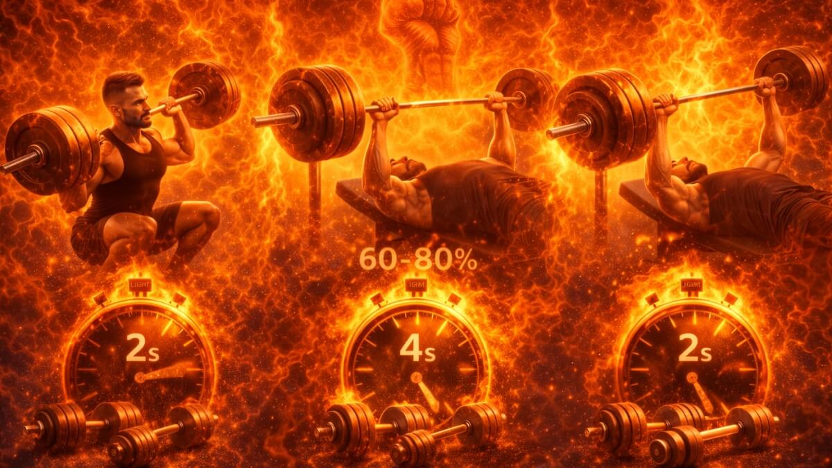 Koks kartojimo tempas geriausias raumenų augimui? Koks kartojimo tempas geriausias raumenų augimui?. Vyras atlieka pritūpimą ir štangos spaudimą, apačioje laikrodžiai su 2 s ir 4 s, bei nurodytas 60–80 % intensyvumas.