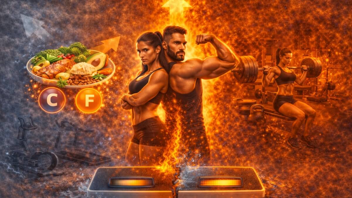 Kaip vienu metu auginti raumenis ir mažinti riebalus Kaip vienu metu auginti raumenis ir mažinti riebalus. Sportuojantis vyras ir moteris su sveiku maistu, makroelementais ir jėgos treniruotėmis, iliustruojantys kūno sudėties gerinimą.