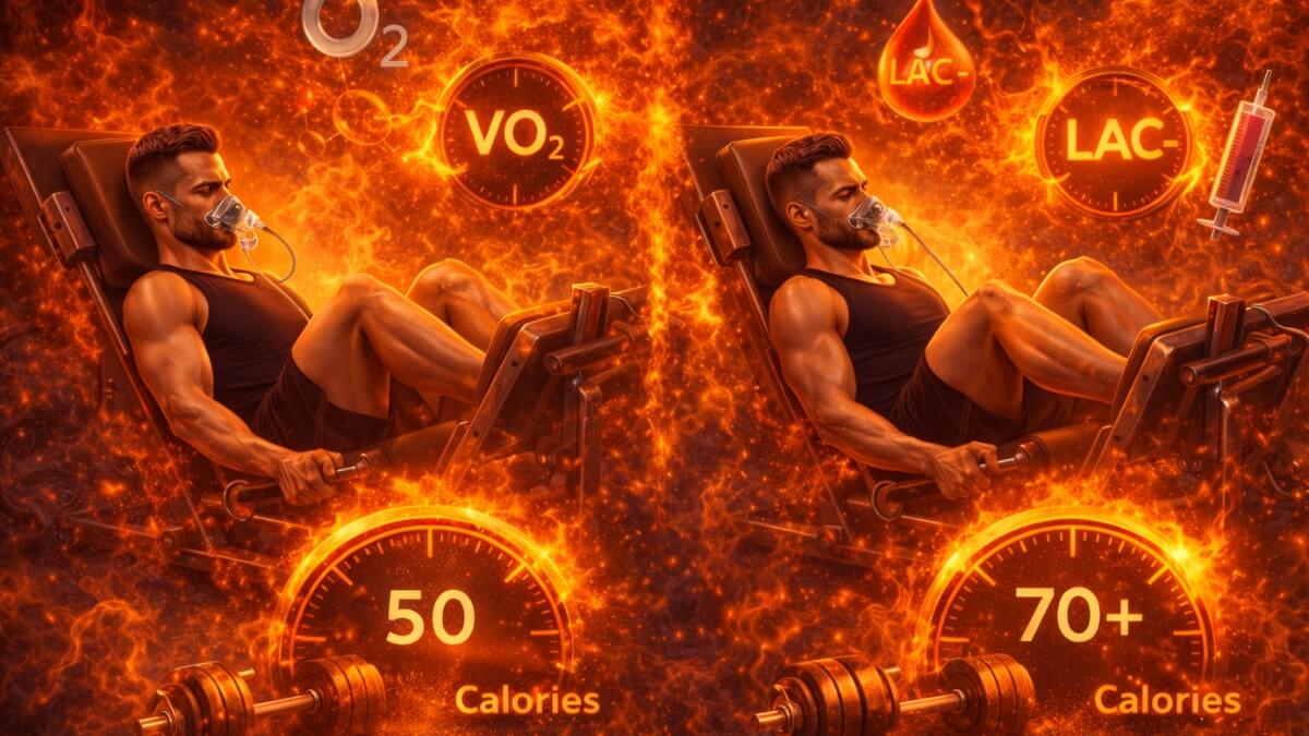 Koks kartojimo tempas geriausias raumenų augimui? Koks kartojimo tempas geriausias raumenų augimui?. Vyras atlieka kojų preso pratimą su deguonies kauke, vaizduojami VO₂, laktatas ir sudeginamos kalorijos (50 ir 70+).