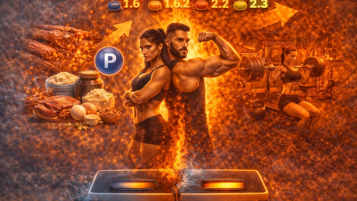 Kaip vienu metu auginti raumenis ir mažinti riebalus Kaip vienu metu auginti raumenis ir mažinti riebalus. Sportuojantis vyras ir moteris su baltymingu maistu ir baltymų kiekio rekomendacijomis, iliustruojantys baltymų svarbą raumenų augimui.