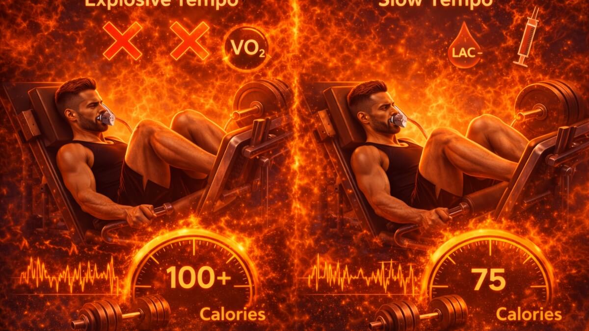 Koks kartojimo tempas geriausias raumenų augimui? Koks kartojimo tempas geriausias raumenų augimui?. Vyras atlieka kojų preso pratimą su greitu ir lėtu tempu, parodytos skirtingos kalorijų sąnaudos (100+ ir 75).