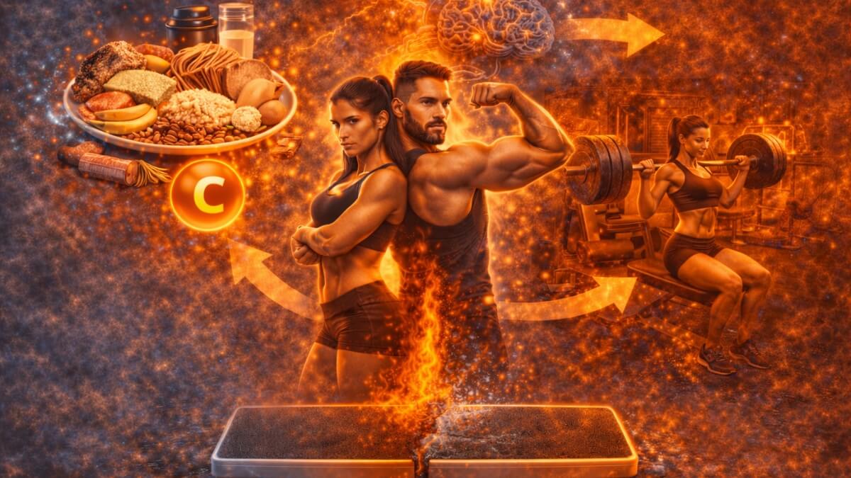 Kaip vienu metu auginti raumenis ir mažinti riebalus Kaip vienu metu auginti raumenis ir mažinti riebalus. Sportuojantis vyras ir moteris su angliavandenių turinčiu maistu, smegenų energijos simboliu ir jėgos treniruotėmis.