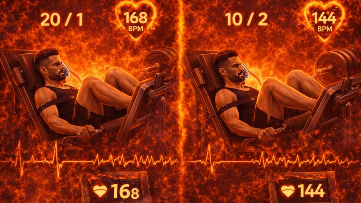 Koks kartojimo tempas geriausias raumenų augimui?. Koks kartojimo tempas geriausias raumenų augimui?. Vyras atlieka kojų preso pratimą su skirtingais tempais (20/1 ir 10/2), parodytas širdies ritmas 168 ir 144 bpm.