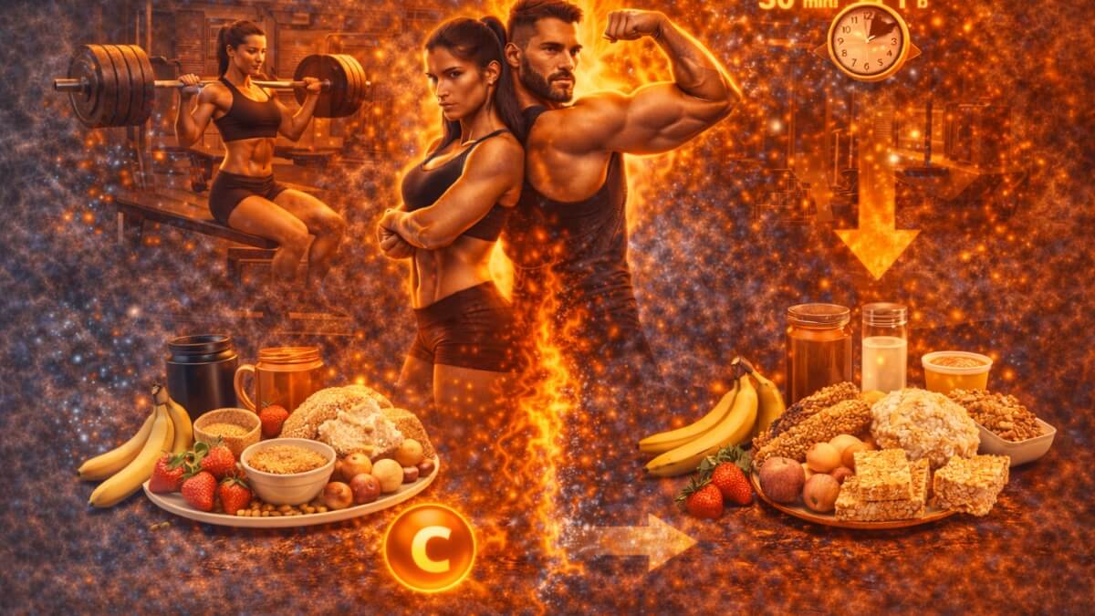 Kaip vienu metu auginti raumenis ir mažinti riebalus Kaip vienu metu auginti raumenis ir mažinti riebalus. Sportuojantis vyras ir moteris su angliavandenių turinčiu maistu prieš ir po treniruotės, iliustruojantys energijos papildymą.