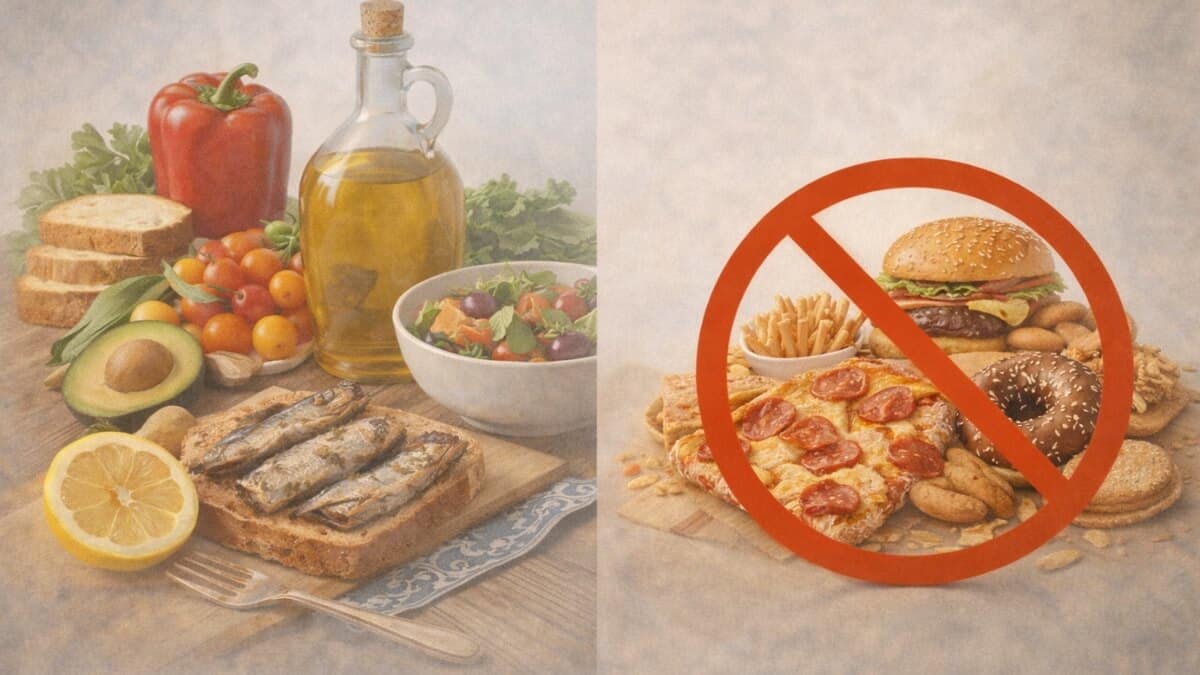 Viduržemio Jūros Dieta (Mediterranean Diet). Viduržemio jūros dietos maistas: daržovės, žuvis, alyvuogių aliejus ir vengiamas perdirbtas greitas maistas.