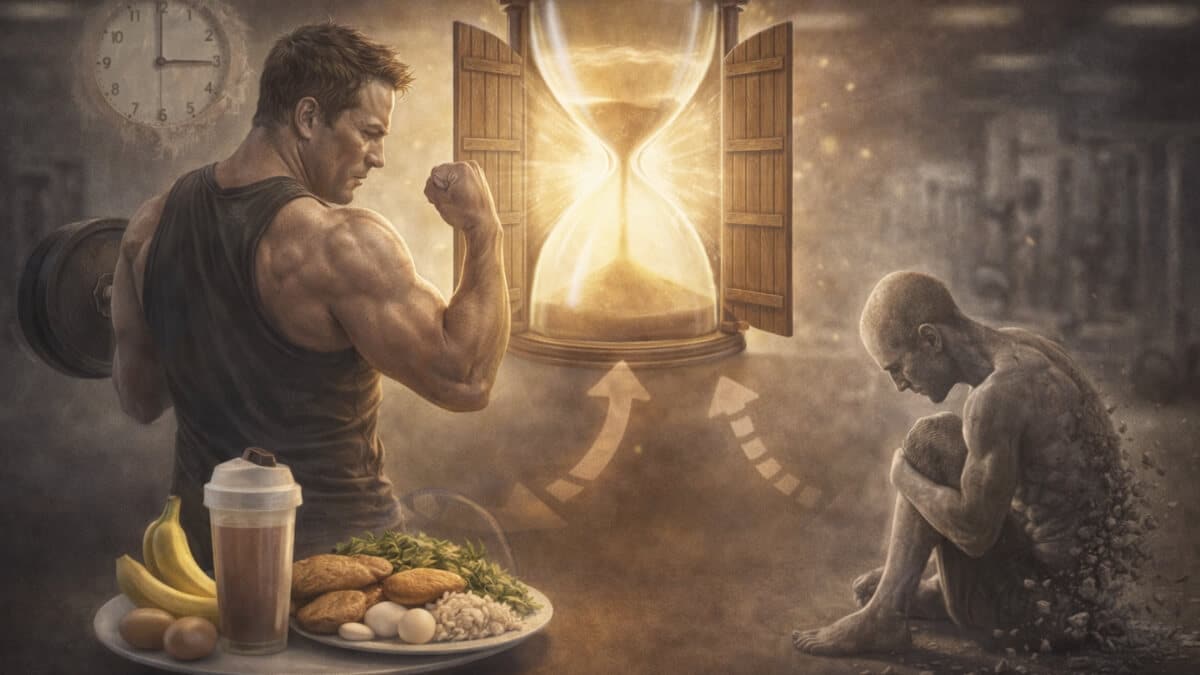 Anabolinis Langas - Mitas Ar Realybė (Anabolic Window). Raumeningas vyras po treniruotės su maistu ir smėlio laikrodžiu simbolizuojančiu anabolinį langą bei mitybos laiką.