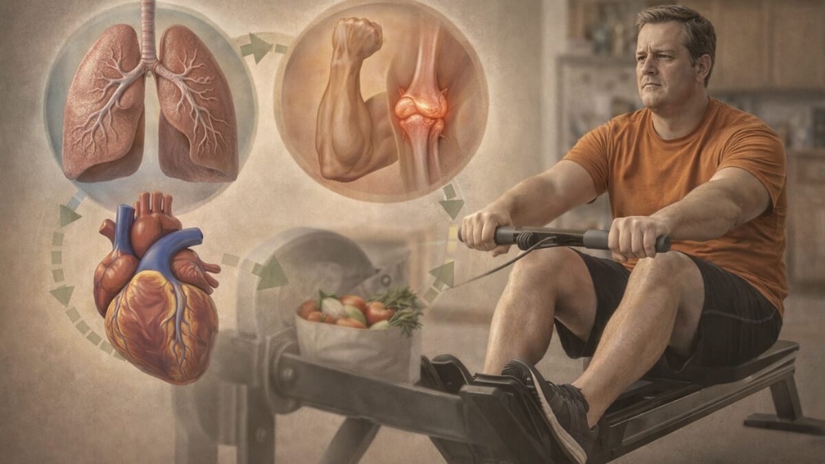 Irklavimo Treniruotės Nauda (Rowing Workout Benefits). Vyras treniruojasi su irklavimo treniruokliu, šalia pavaizduota širdies, plaučių ir raumenų nauda organizmui.