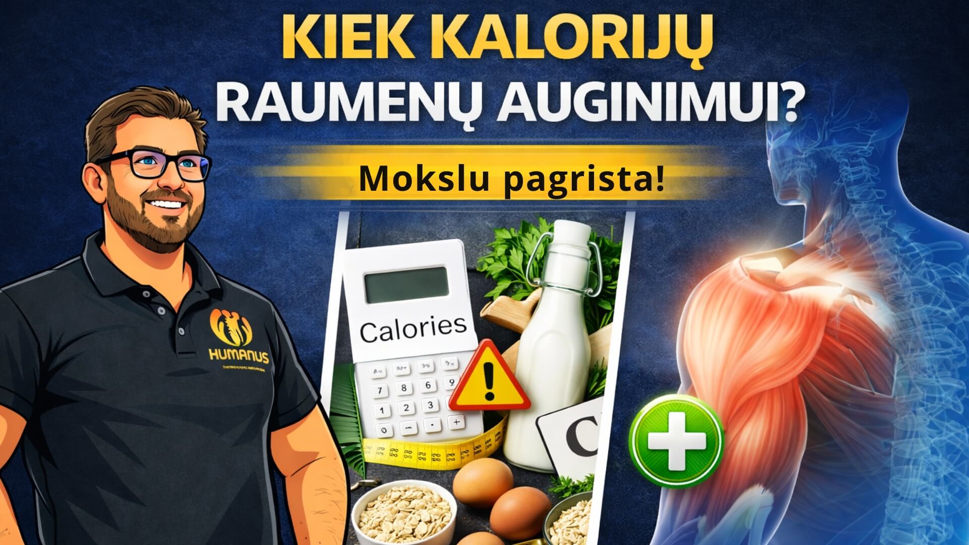 Kiek Kalorijų Reikia Raumenų Auginimui (How Many Calories for Muscle Growth). Iliustracija apie raumenų auginimą ir kalorijų svarbą. Kairėje pavaizduotas besišypsantis treneris, centre – maisto produktai (kiaušiniai, avižos, pienas) ir kalorijų skaičiuoklė su įspėjimo ženklu, dešinėje – žmogaus peties raumenų anatomija. Viršuje tekstas lietuvių kalba: „Kiek kalorijų raumenų auginimui? Mokslu pagrįsta
