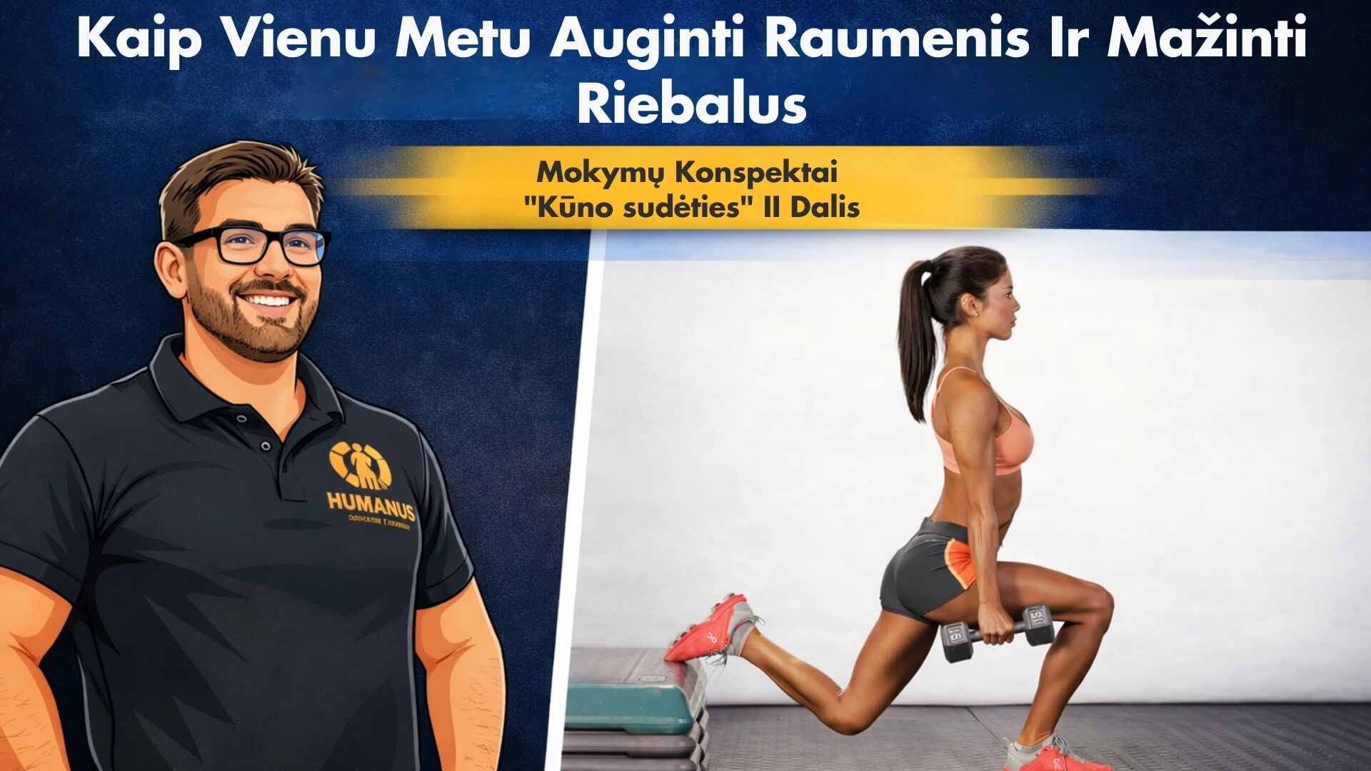Kaip Vienu Metu Auginti Raumenis Ir Mažinti Riebalus. Mokymų konspektų viršelis, dešinėje moteris atlieka bulgarišką įtūpstą su hanteliais. Viršuje tekstas apie „Kaip vienu metu auginti raumenis ir mažinti riebalus“ ir „Kūno sudėties“ mokymai II dalis.