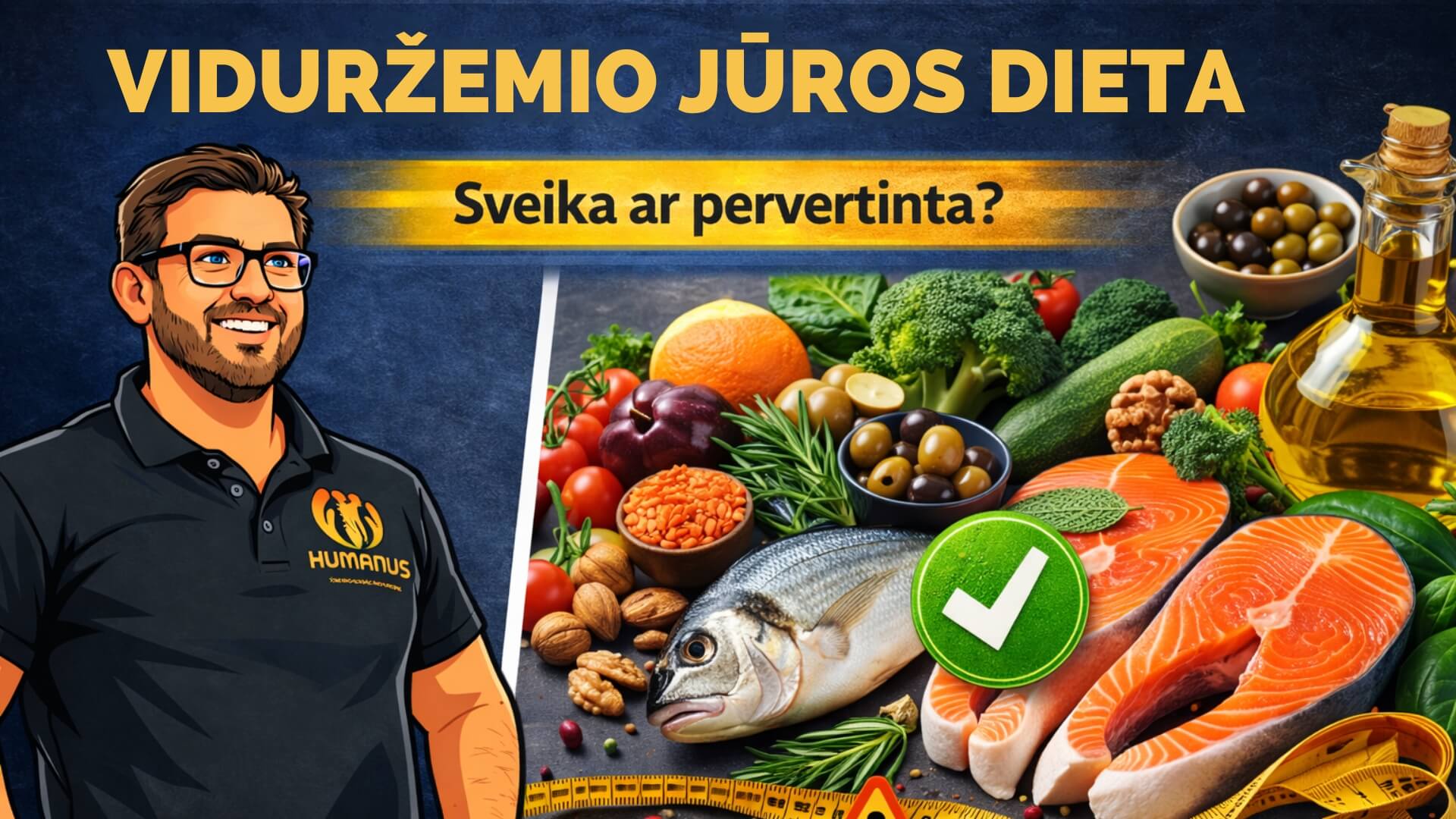 Viduržemio Jūros Dieta (Mediterranean Diet). Viduržemio jūros dietos iliustracija – įvairūs sveiki maisto produktai, tokie kaip žuvis, daržovės, riešutai ir alyvuogių aliejus, su klausimu apie dietos naudą sveikatai.
