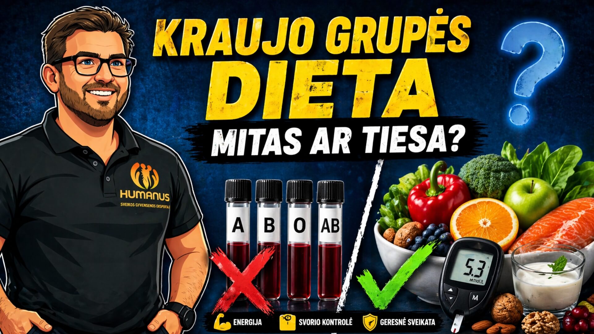 Kraujo Grupės Dieta (Blood Type Diet). Iliustracija apie kraujo grupės dietą su užrašu „mitas ar tiesa“, pavaizduoti A, B, O, AB kraujo mėgintuvėliai ir sveiko maisto produktai.
