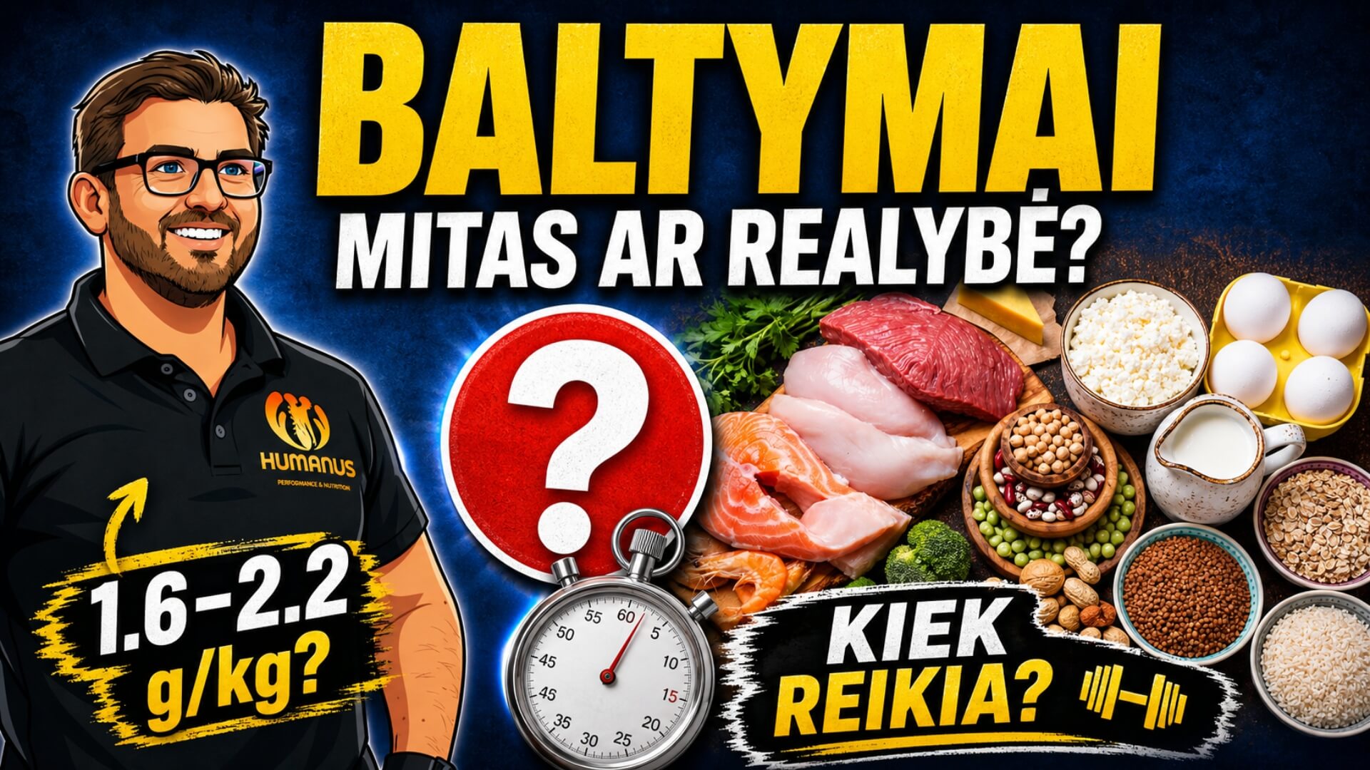 Baltymai Raumenų Augimui Ir Kiek Jų Reikia (Protein). Užrašas „Baltymai mitas ar realybė?“, pavaizduoti įvairūs baltymų šaltiniai, klausimo ženklas ir rekomenduojamas kiekis 1.6–2.2 g/kg.