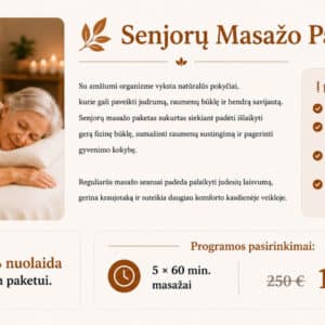 Humanus Masažo Studija Senjorų Masažo Paketas. Reklaminis infografikas apie Senjorų masažo paketą, vaizduojantis masažo specialistą, atliekantį masažą vyresnio amžiaus moteriai, bei informaciją apie 5 × 60 min. masažų programą ir 25 % nuolaidą visam paketui.