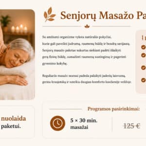 Humanus Masažo Studija Senjorų Masažo Paketas. Reklaminis infografikas apie Senjorų masažo paketą, vaizduojantis masažo specialistą, atliekantį masažą vyresnio amžiaus moteriai, bei informaciją apie 5 × 30 min. masažų programą ir 25 % nuolaidą visam paketui.