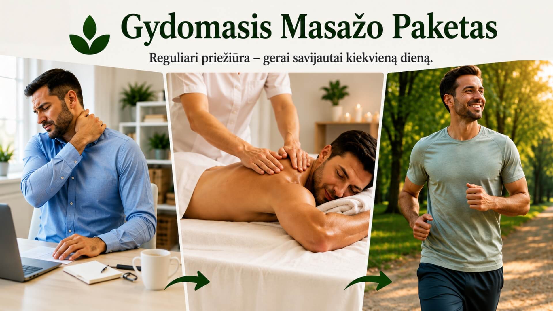 Humanus masažo studijos gydomojo masažo paketas Humanus masažo studijos gydomojo masažo paketas – vyras jaučia kaklo skausmą, atliekamas gydomasis nugaros masažas, o po procedūrų vyras bėga parke ir jaučiasi geriau.