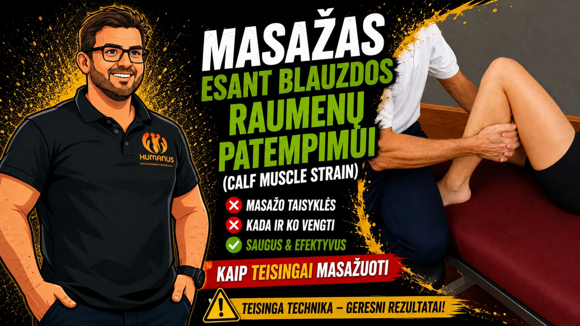 Masažas Esant Blauzdos Raumenų Patempimui (Calf Muscle Strain). Viršelio iliustracija apie masažą esant blauzdos raumenų patempimui. Pavaizduotas terapeutas ir blauzdos masažo technika, aptariamos masažo taisyklės, dažniausios klaidos, saugūs metodai bei rekomendacijos greitesniam atsistatymui po traumos.