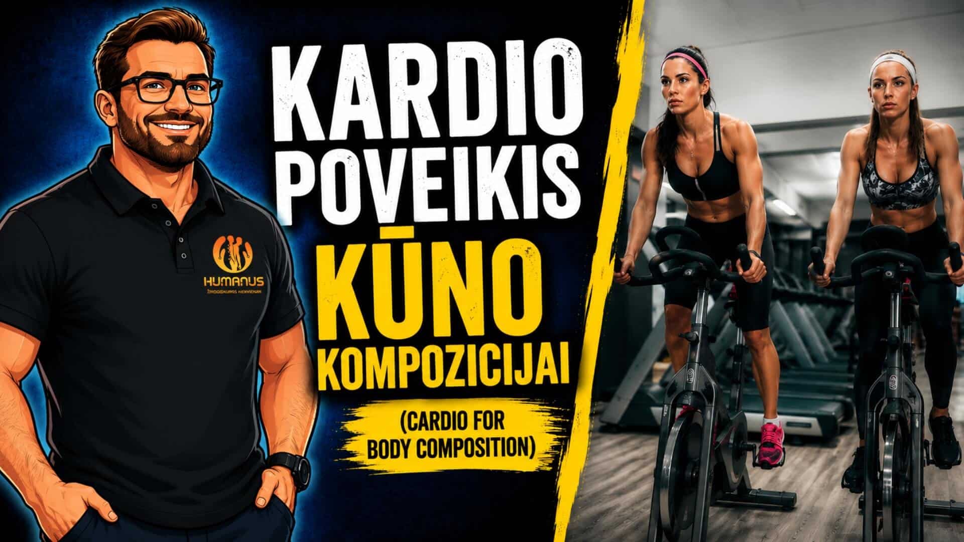 Kardio Poveikis Kūno Kompozicijai (Cardio For Body Composition). Kardio poveikis kūno kompozicijai – iliustracija apie kardio treniruočių įtaką riebalų mažinimui, ištvermei ir kūno kompozicijos optimizavimui.