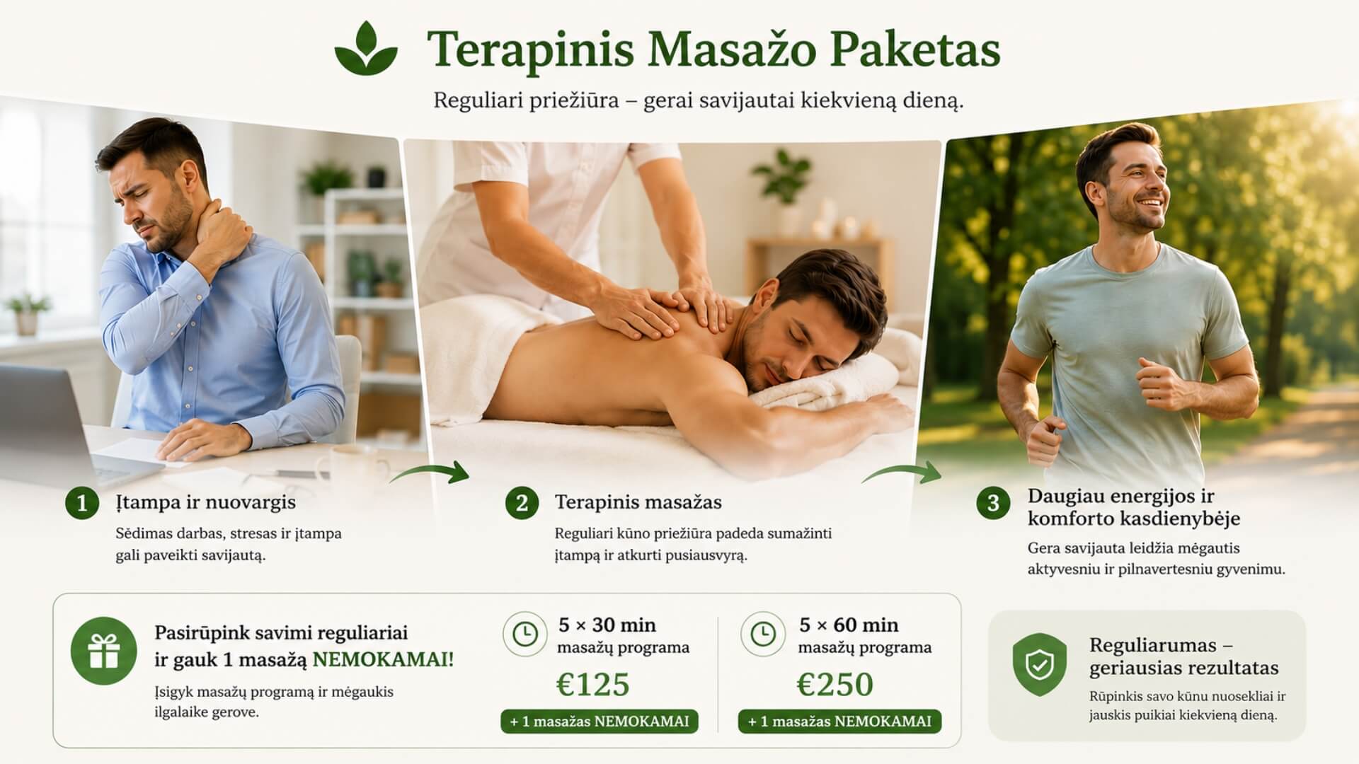 Terapinis Masažo Paketas Terapinio masažo paketas – įtampos mažinimas, terapinis masažas ir geresnė savijauta kasdien.