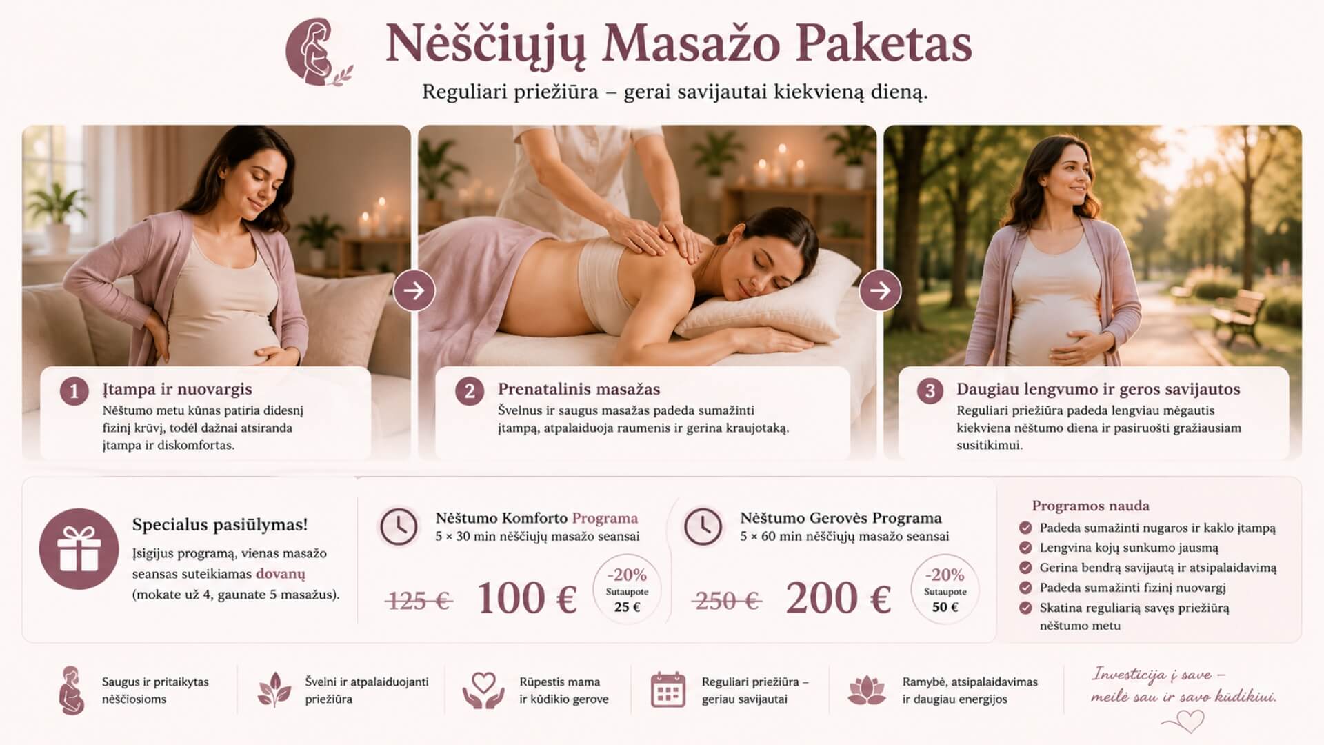 Nėščiųjų Masažo Paketas Nėščiųjų masažo paketas – prenatalinis masažas didesniam komfortui, atsipalaidavimui ir geresnei savijautai nėštumo metu.