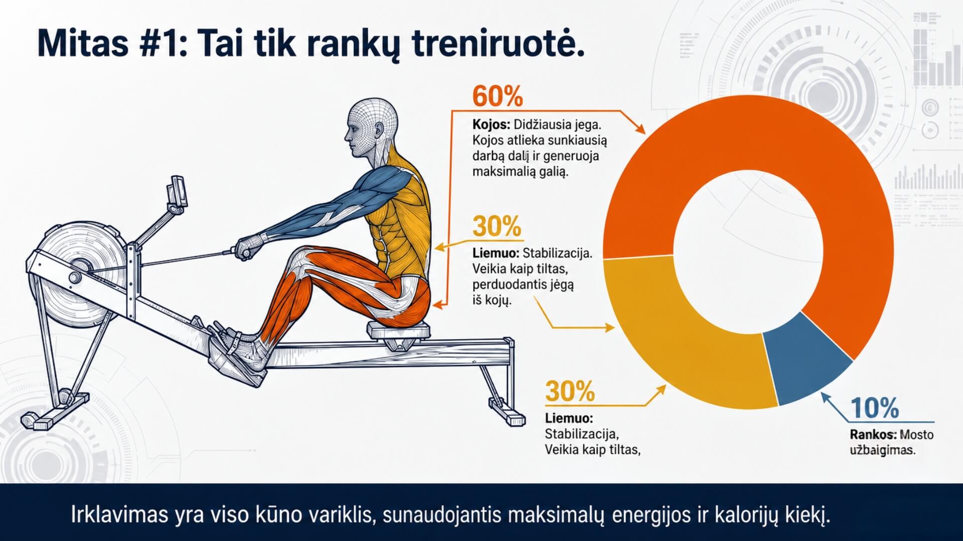 Irklavimo Faktai Ir Mitai (Rowing Facts And Myths) Irklavimo Faktai Ir Mitai (Rowing Facts And Myths). Infografika, paaiškinanti, kad irklavimas nėra tik rankų treniruotė. Pavaizduotas irklavimo treniruoklis, aktyviausios raumenų grupės ir jėgos pasiskirstymas: 60 % kojos, 30 % liemuo ir 10 % rankos.