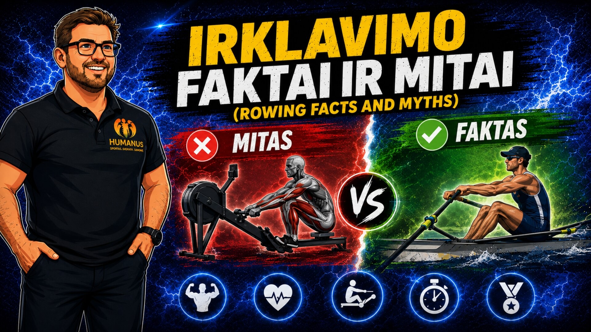 Irklavimo Faktai Ir Mitai (Rowing Facts And Myths). Infografika apie irklavimo faktus ir mitus, lyginanti klaidingus įsitikinimus su tikrais faktais apie irklavimo techniką, viso kūno raumenų darbą, irklavimo treniruoklį ir irklavimą valtyje.