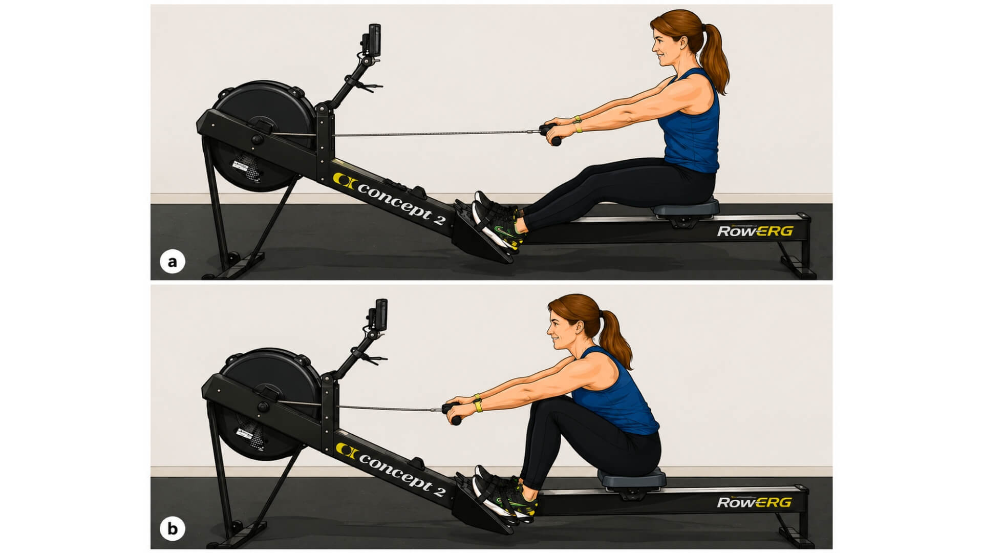 Intervalinės Irklavimo Treniruotės (Rowing Interval Workouts) Intervalinės Irklavimo Treniruotės (Rowing Interval Workouts). Moteris demonstruoja dvi sprinto starto fazes ant irklavimo treniruoklio – pusę yrio ir tris ketvirtadalius yrio, atliekant intervalinę irklavimo treniruotę.