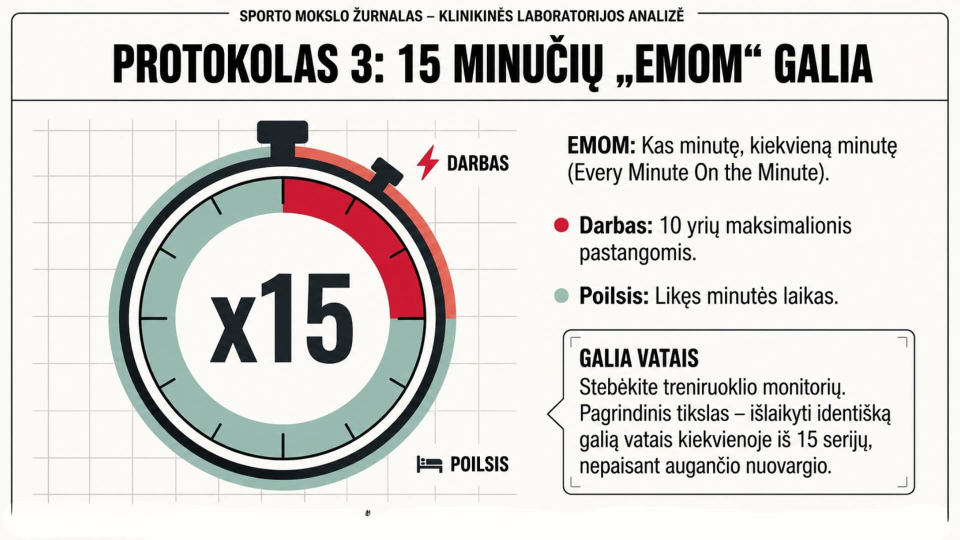 Intervalinės Irklavimo Treniruotės (Rowing Interval Workouts) Intervalinės Irklavimo Treniruotės (Rowing Interval Workouts). Infografikas, pristatantis 15 minučių EMOM intervalinės irklavimo treniruotės protokolą su darbo ir poilsio ciklais bei galios vatais išlaikymo rekomendacijomis.