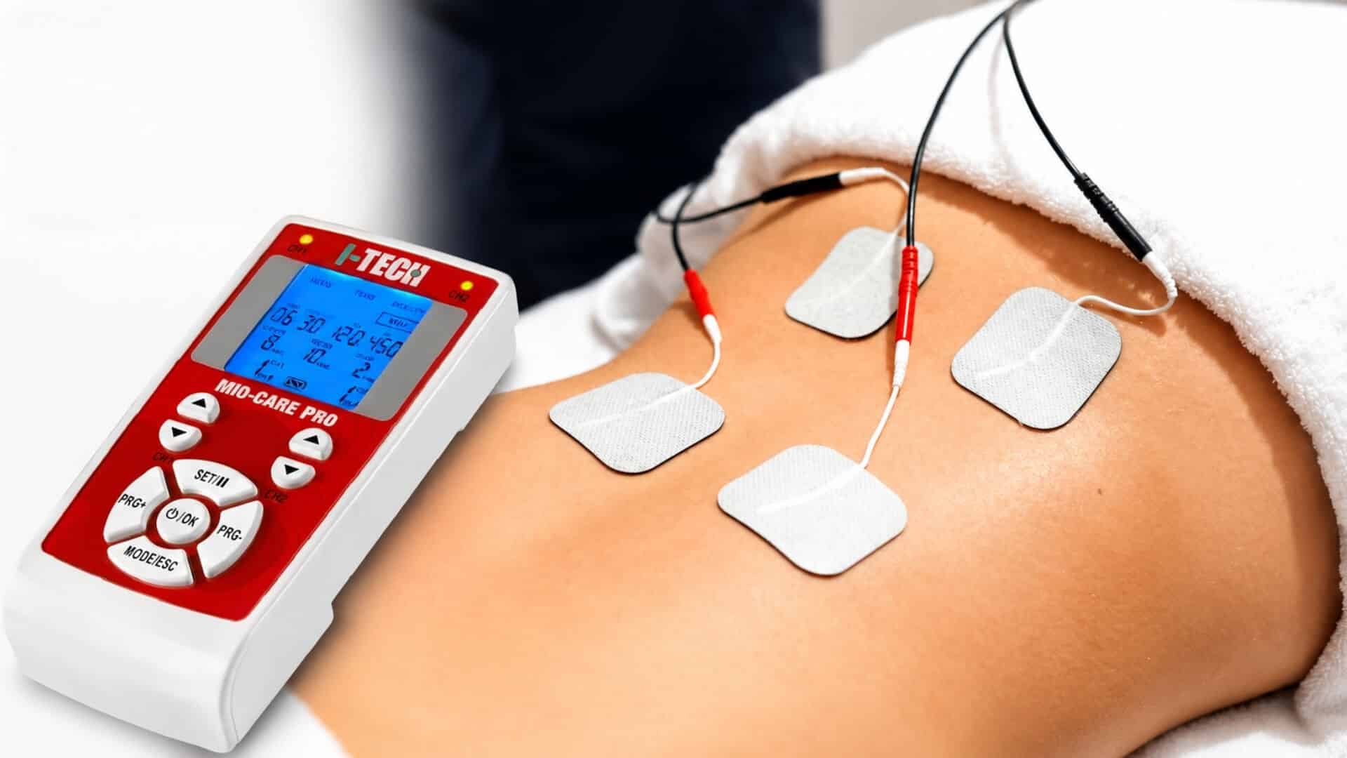 Masažo studijos Humanus papildomai teikiamos paslaugos – TENS/NEMS elektrostimuliacija su i-Tech Mio-Care Pro elektrostimuliatoriumi, kai elektrodai pritvirtinti ant nugaros raumenų skausmo mažinimui, raumenų stimuliacijai, atsistatymui ir reabilitacijai.