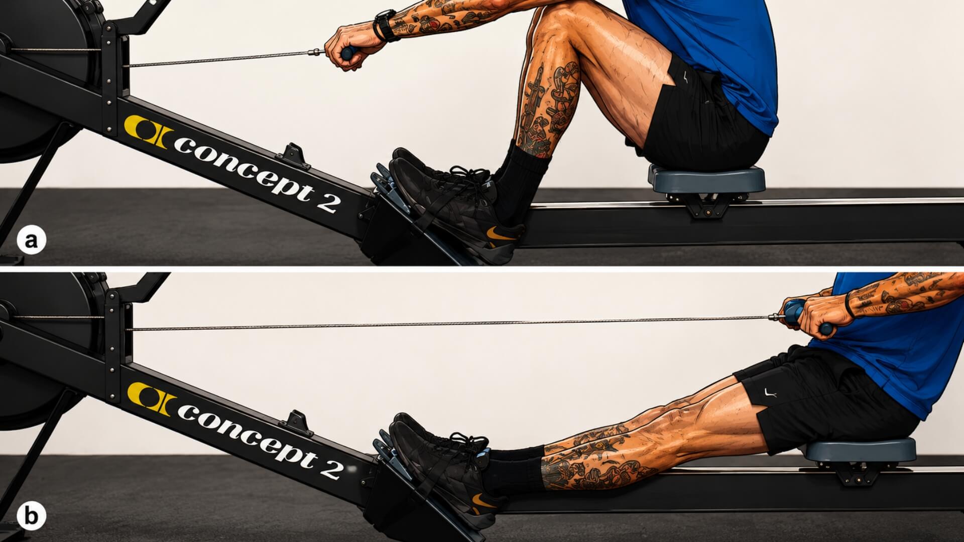 Dažniausios Irklavimo Treniruoklio Klaidos (Common Rowing Machine Mistakes) Dažniausios Irklavimo Treniruoklio Klaidos (Common Rowing Machine Mistakes). Irklavimo treniruoklio „Strapless Rowing Drill“ pratimas – viršuje pavaizduota pradinė padėtis, kai pėdos laikomos ant kojų dirželių viršaus, apačioje – taisyklingas atsispyrimas išlaikant nuolatinį pėdų kontaktą su pėdų atramomis be dirželių pagalbos.